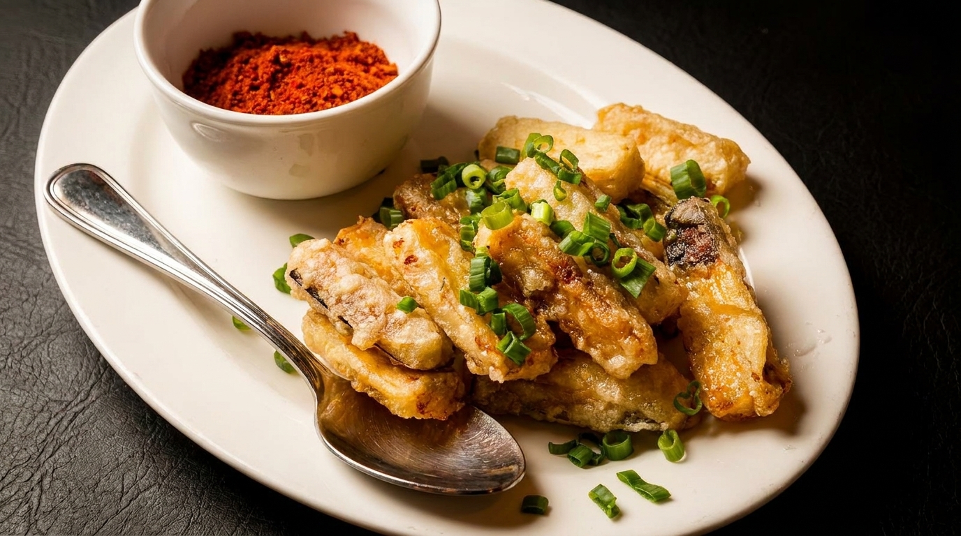 Crispy fried eggplant sticks topped with green onions, served with a side of red spice.