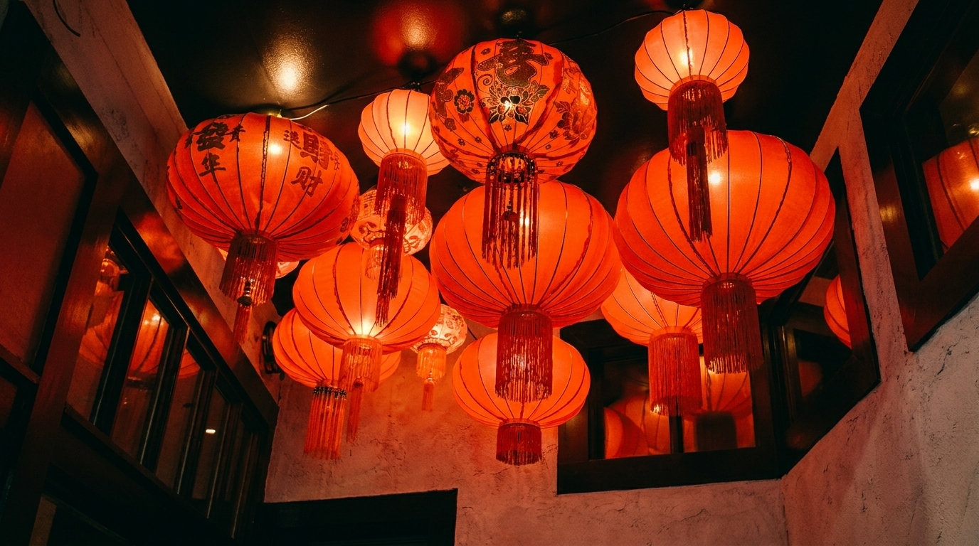 Numerous glowing red Chinese lanterns with tassels hang from a dark ceiling, illuminating the space.
