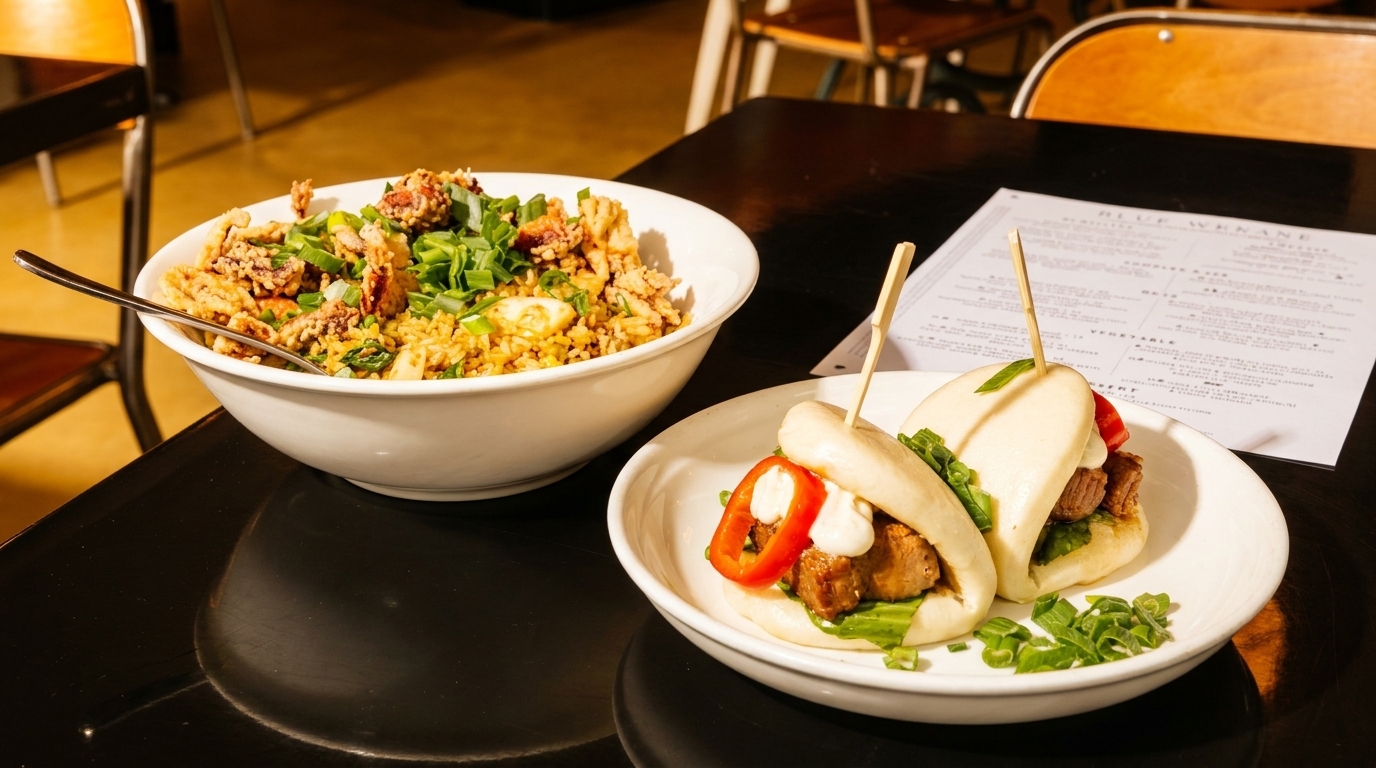 A large bowl of fried rice with calamari and two bao buns on a black table.