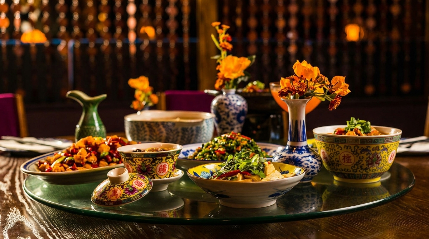 A variety of colorful Chinese dishes and ornate vases with orange flowers on a glass lazy Susan.