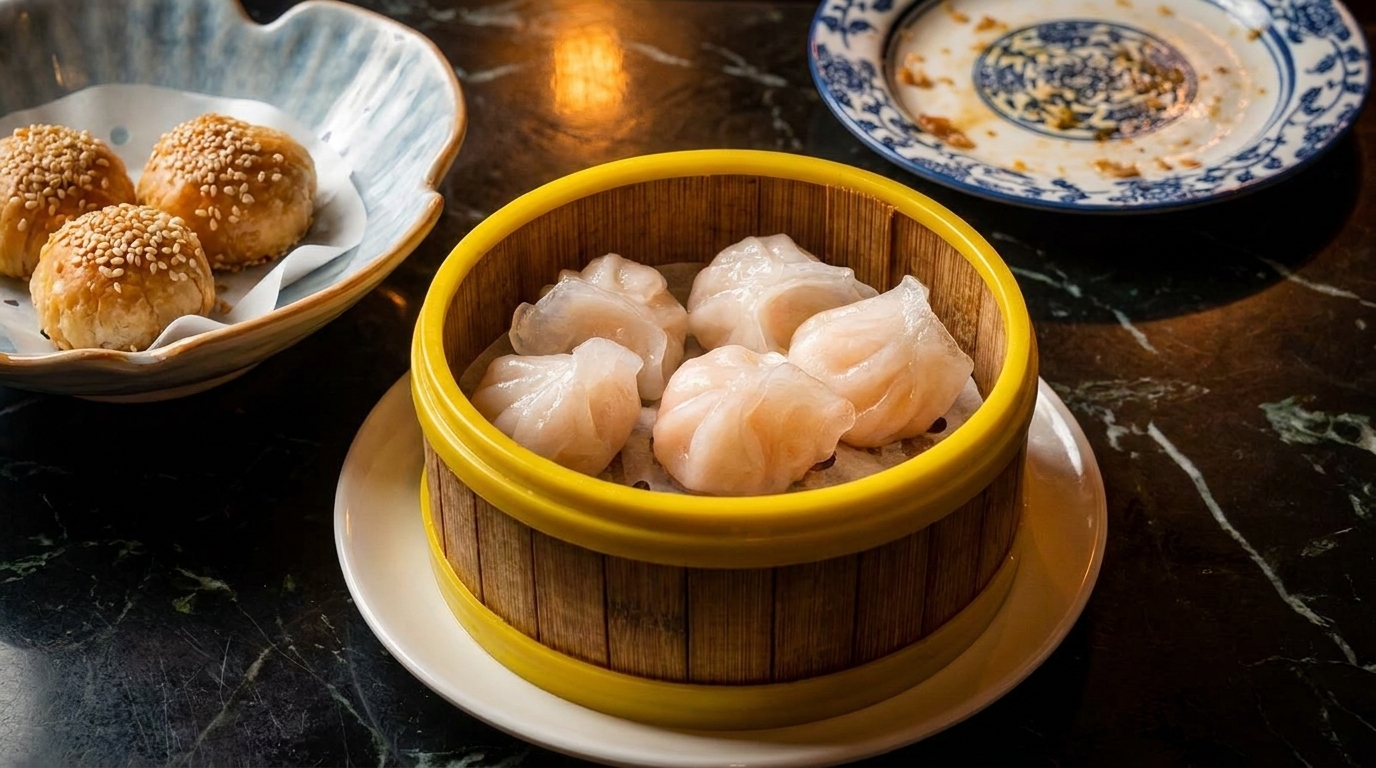 Steamed shrimp dumplings in a bamboo steamer and sesame seed buns on a marble table.