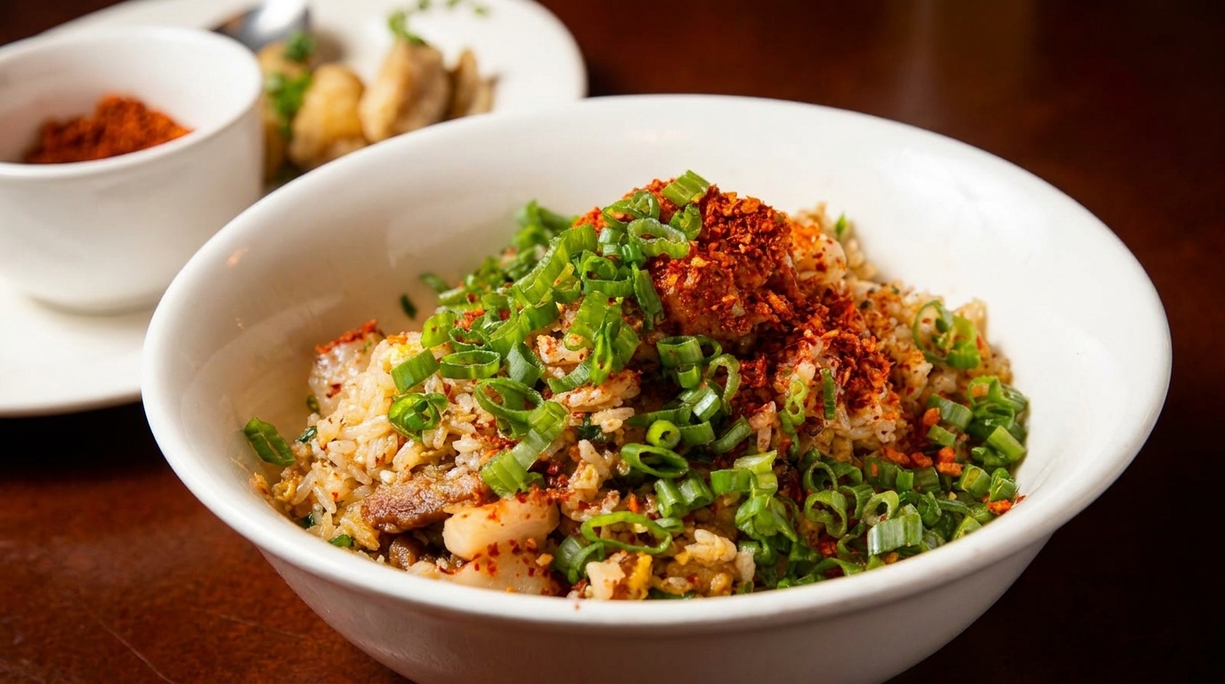 A white bowl filled with fried rice, topped with green onions and red chili flakes.