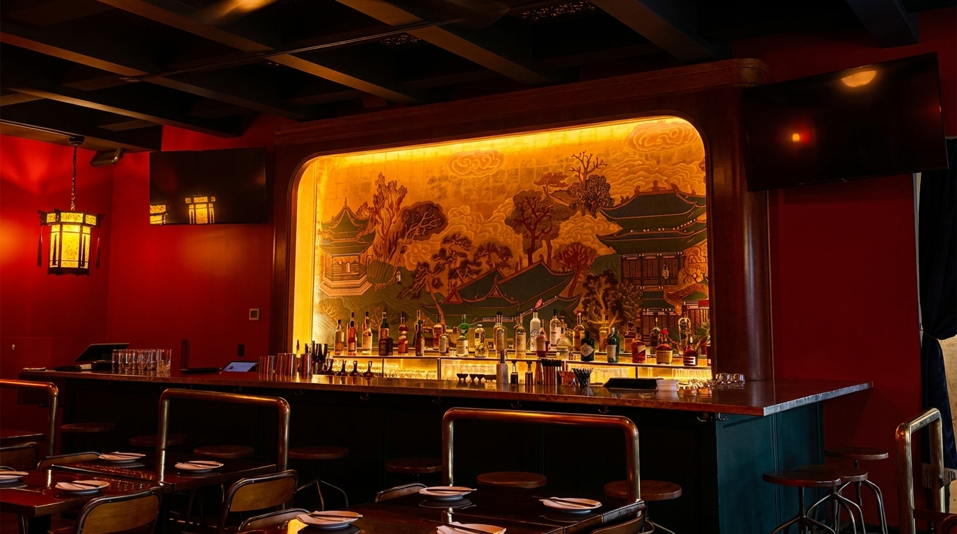 A dimly lit bar with red walls, a gold mural, and bottles of liquor on shelves.