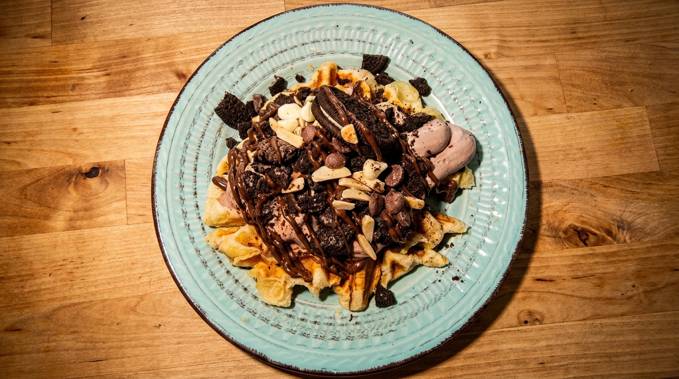 Waffles topped with chocolate ice cream, cookie crumbles, chocolate chips, and nuts on a blue plate.