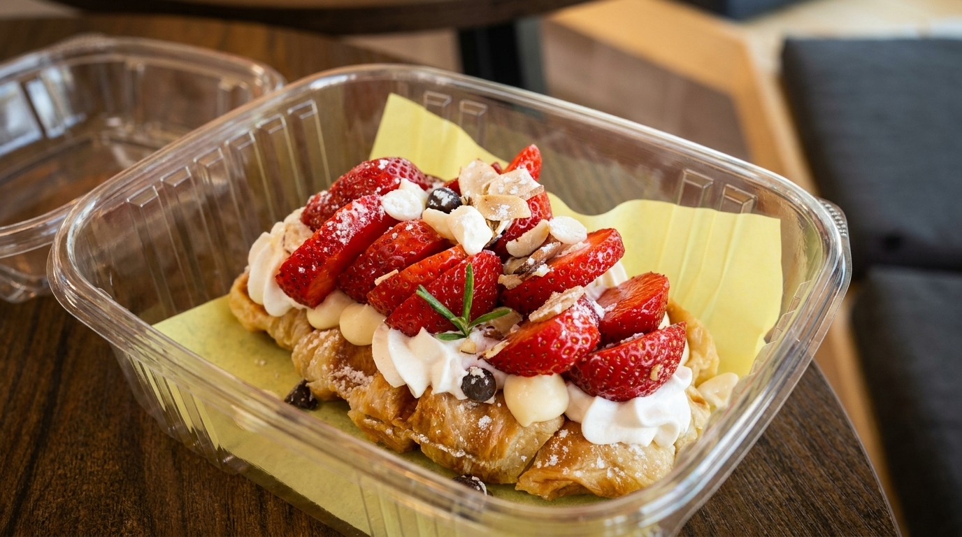 Croissant dessert with strawberries, whipped cream, almonds, and powdered sugar in a plastic container.