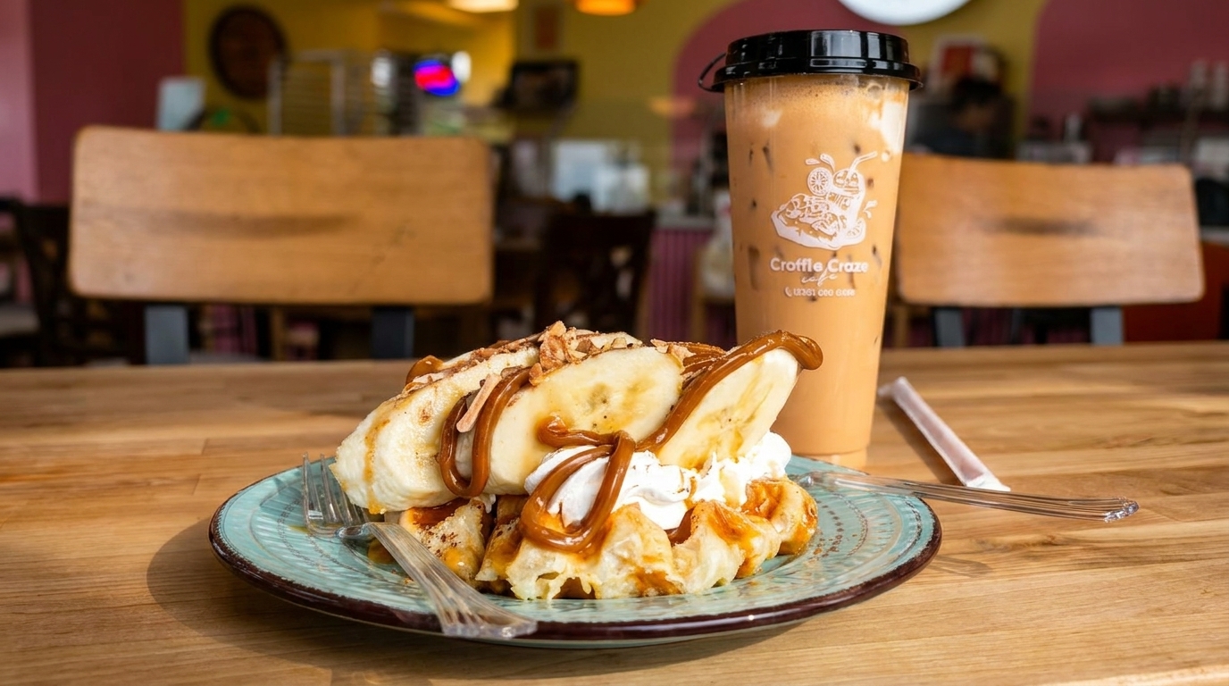 Croffle Craze Cafe's waffle with bananas, whipped cream, caramel, and an iced drink.