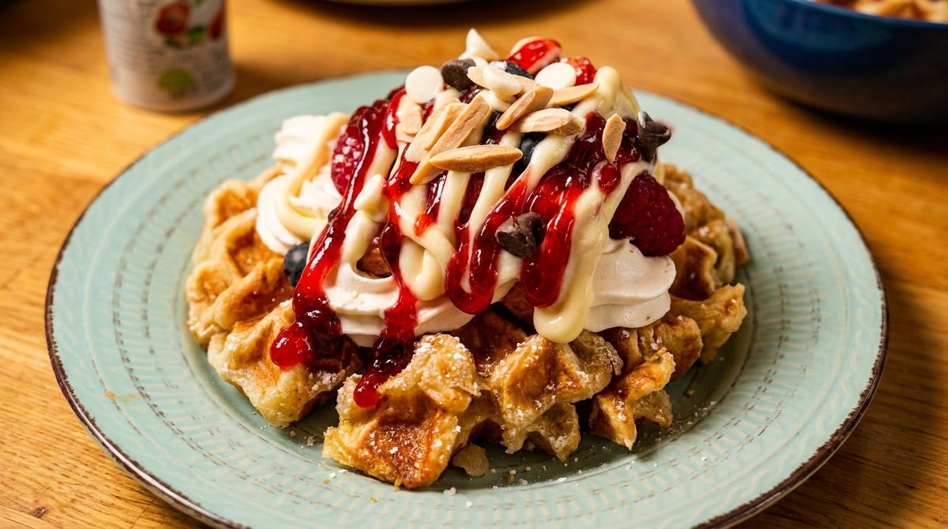 Golden waffle topped with whipped cream, berries, chocolate chips, almonds, and sweet drizzles.