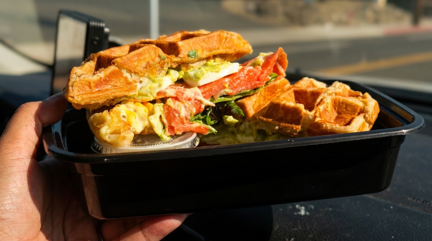 Hand holding a black takeout container with a waffle sandwich filled with salmon, avocado, and greens.