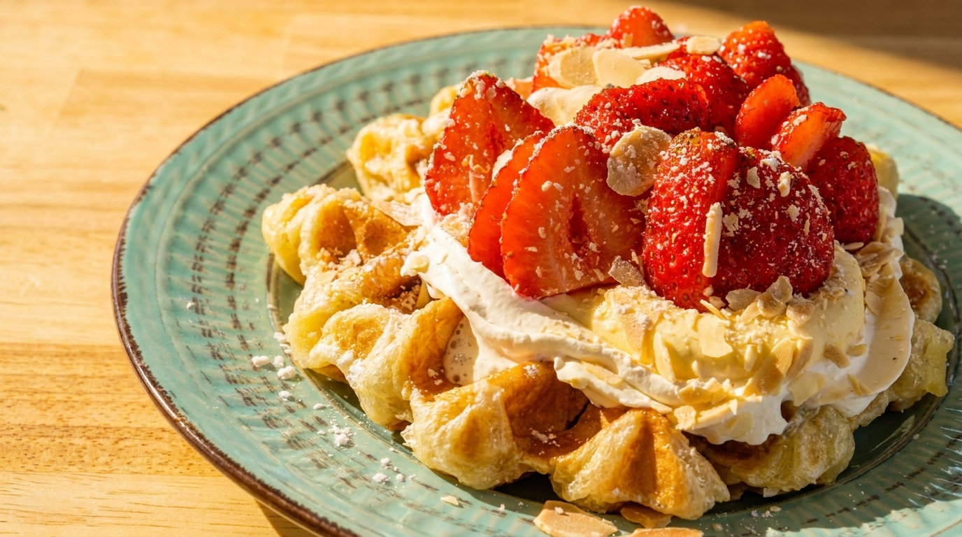 Golden waffle topped with whipped cream, sliced strawberries, and almond slivers on a teal plate.
