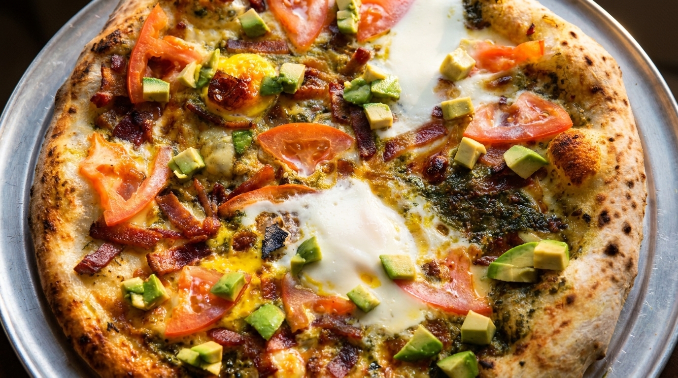 Breakfast pizza with bacon, avocado, tomatoes, pesto, and eggs on a metal tray.