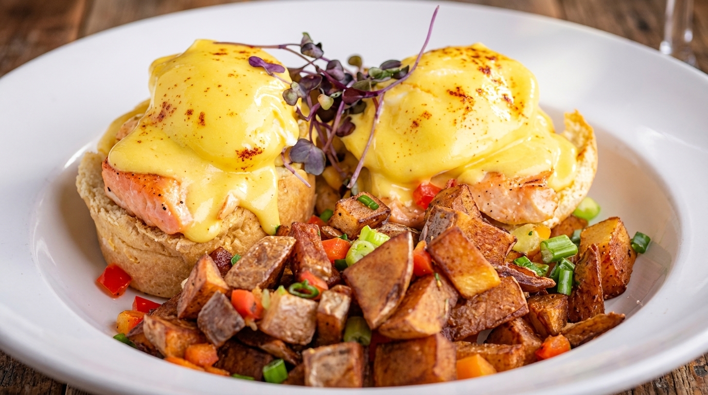 Salmon Eggs Benedict with hollandaise sauce and a side of roasted potatoes and vegetables.