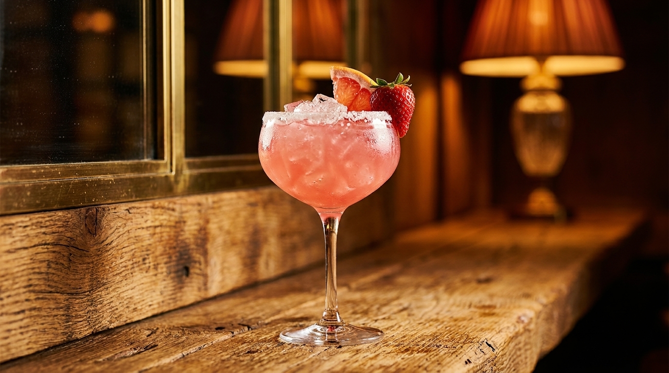 Pink cocktail with ice, grapefruit, and strawberry garnish on a rustic wooden bar.