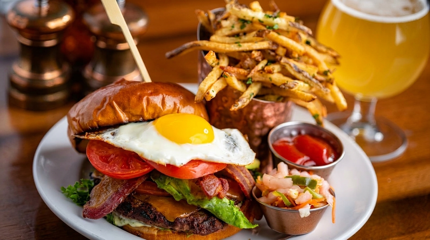 A burger with a fried egg, bacon, and cheese, served with fries, coleslaw, and beer.