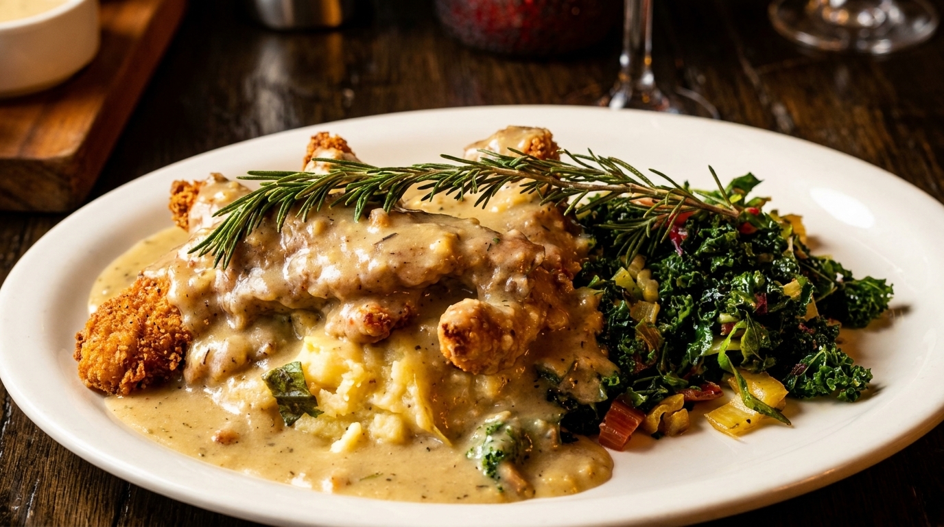 Crispy fried chicken covered in creamy gravy, served with mashed potatoes and sautéed greens.