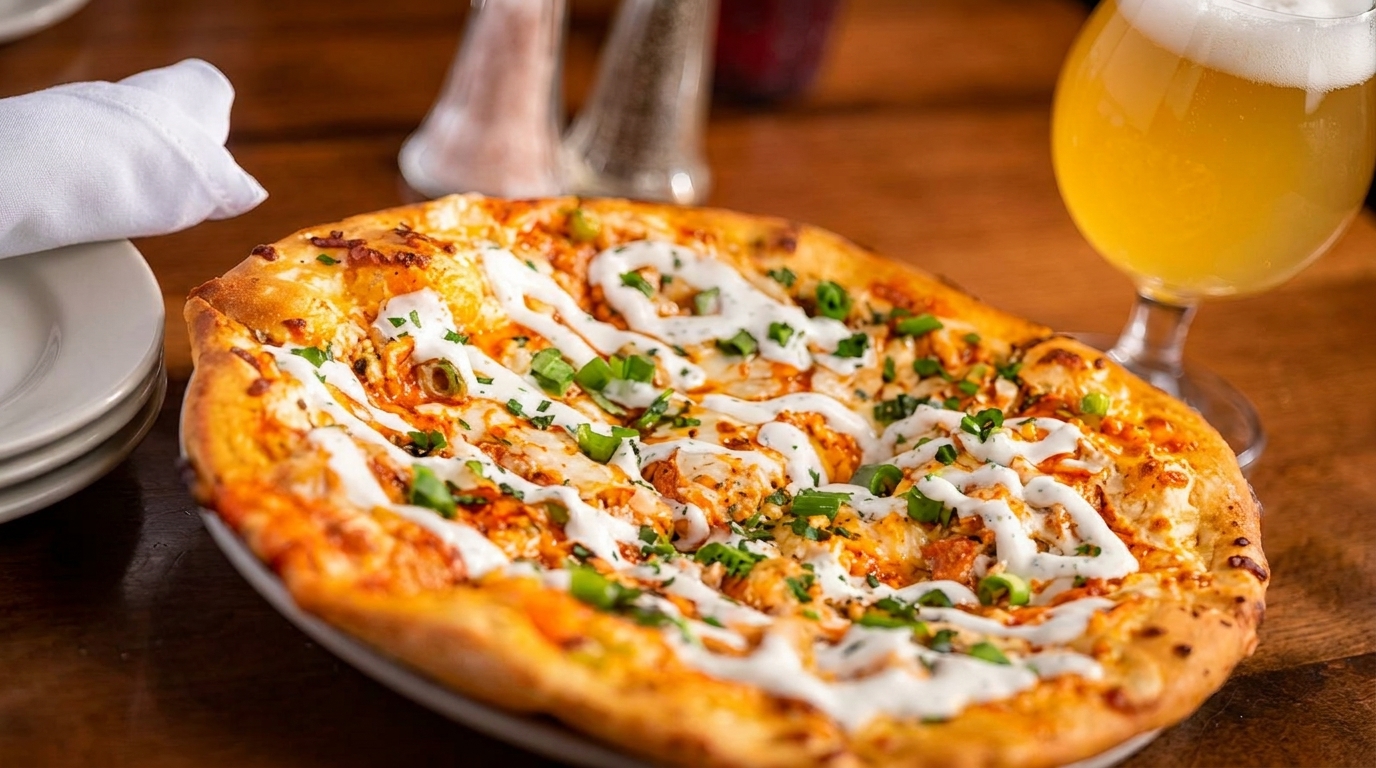 Buffalo chicken pizza with ranch drizzle and green onions, next to a glass of beer.