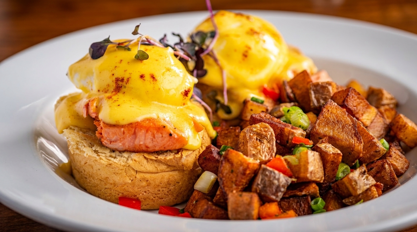 Two salmon eggs Benedict with hollandaise sauce and a side of crispy breakfast potatoes on a white plate.