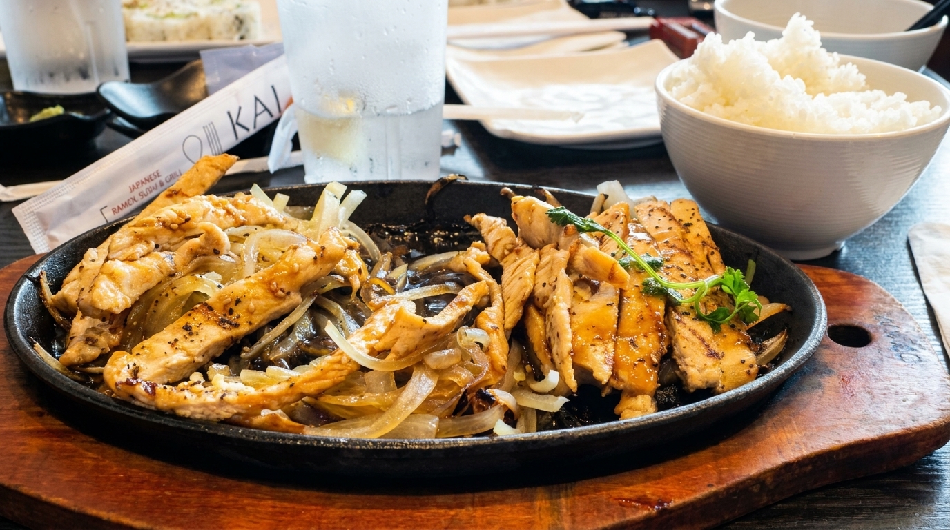 Sizzling chicken and onions in a cast iron pan, with a bowl of rice and water glass.