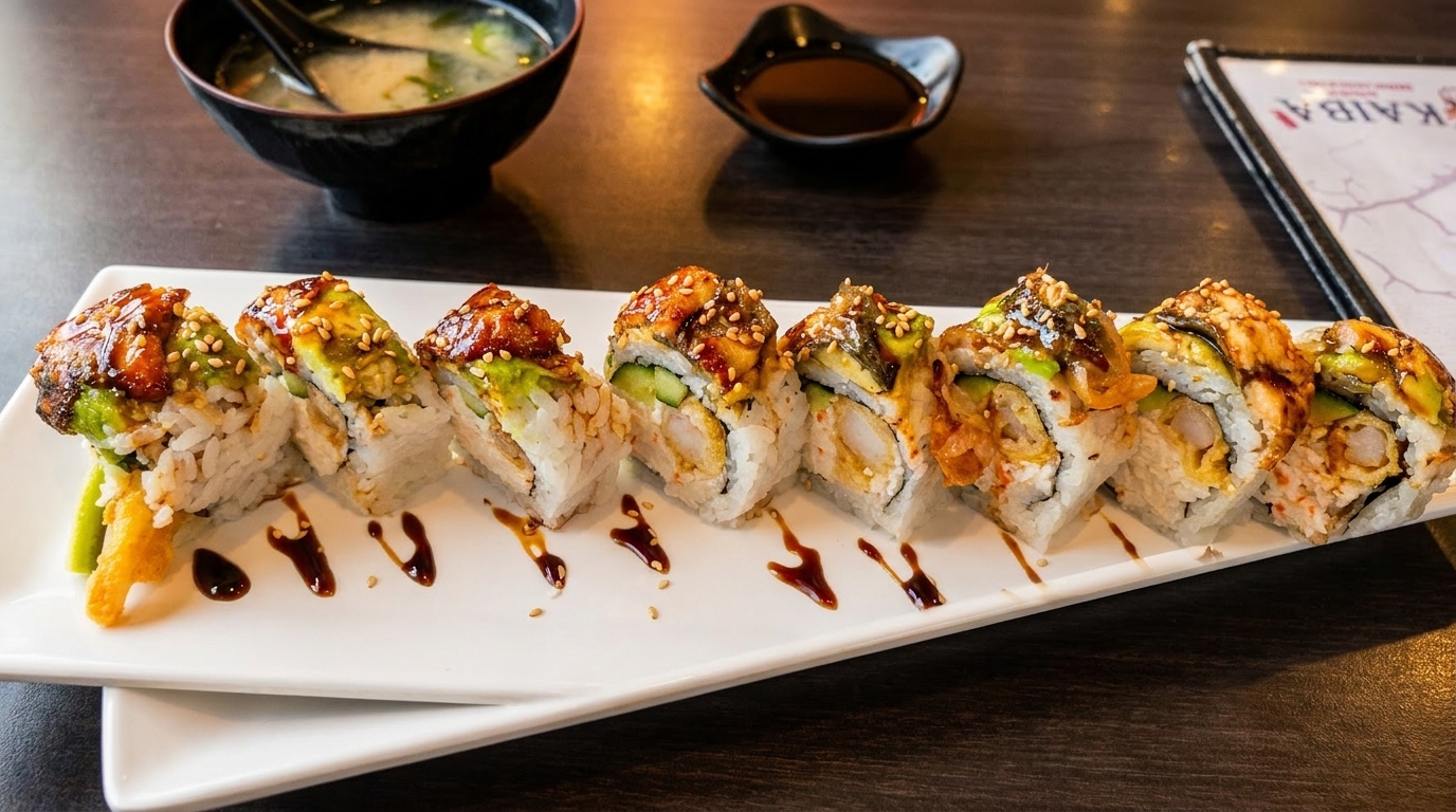 Dragon Roll sushi with eel, avocado, and shrimp tempura, served with miso soup and soy sauce.
