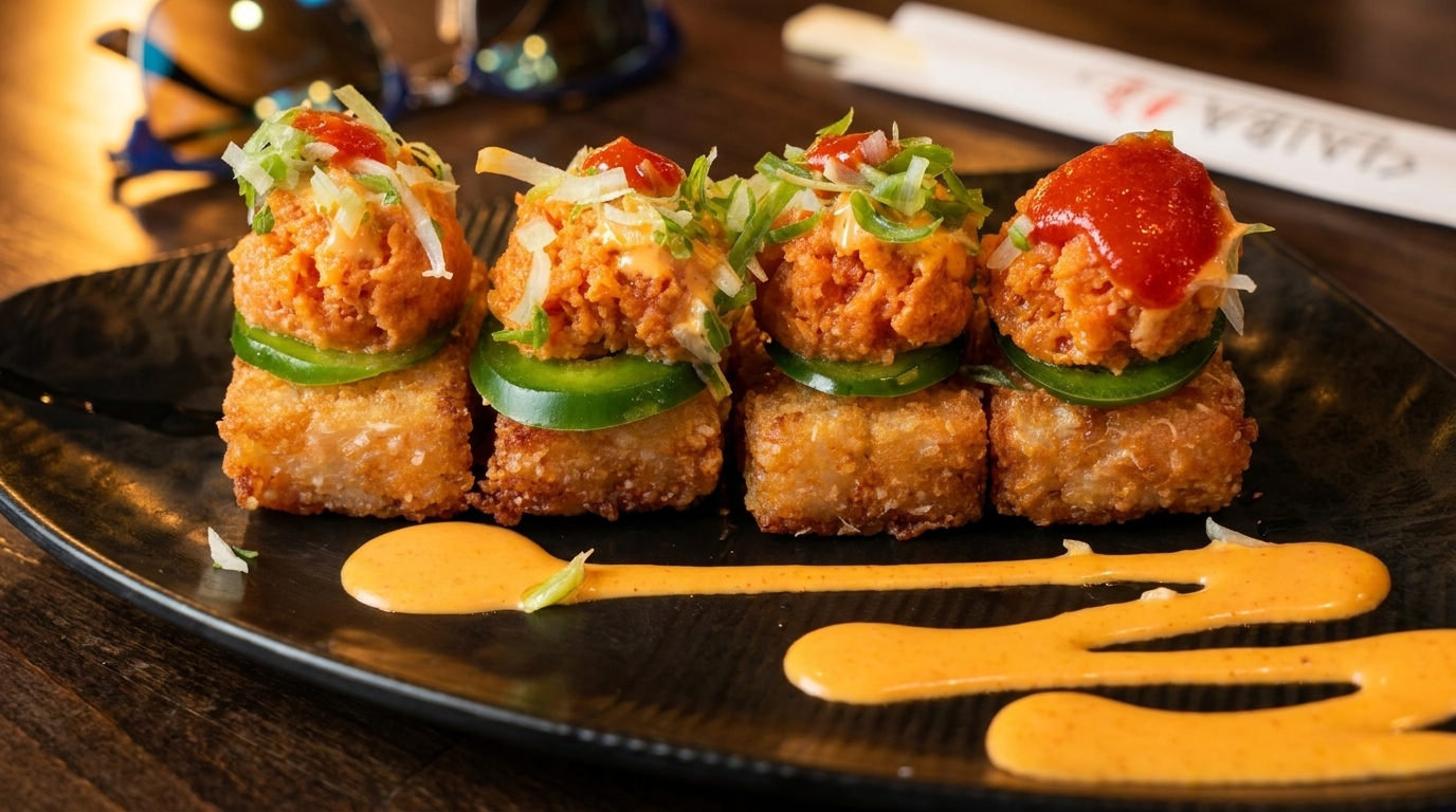 Four crispy rice squares topped with spicy tuna, jalapeño, and green onions on a black plate.