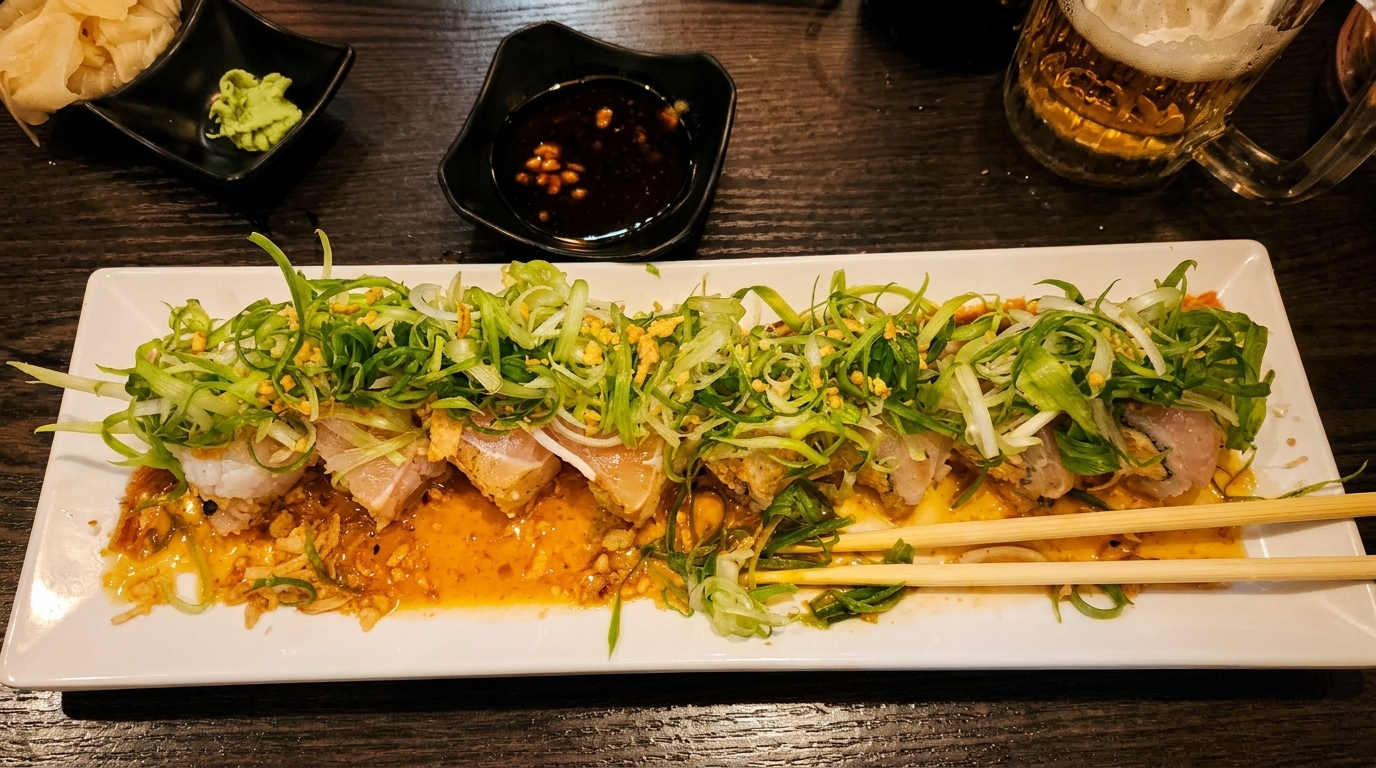 Sushi rolls topped with green onions and sauce, with wasabi, ginger, and beer.