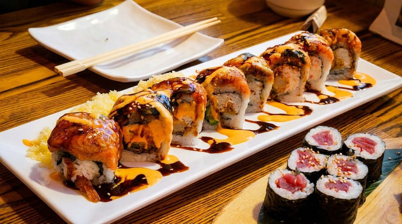 Platter of sushi rolls with various toppings and sauces, alongside tuna maki rolls.