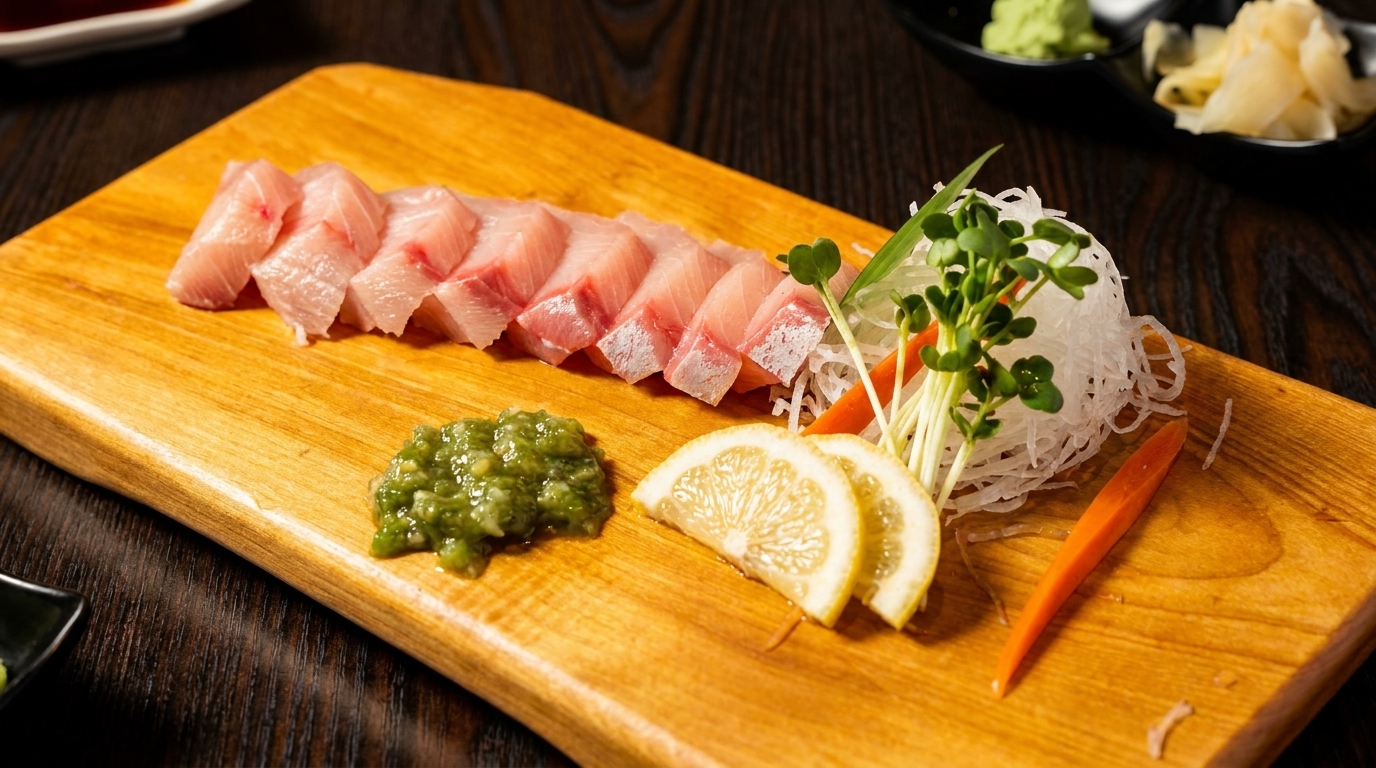 Freshly sliced sashimi, green paste, lemon, and shredded vegetables on a wooden board.