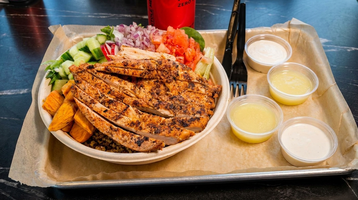 Grilled chicken and vegetable bowl with sweet potatoes, cucumbers, tomatoes, and onions, served with sauces.