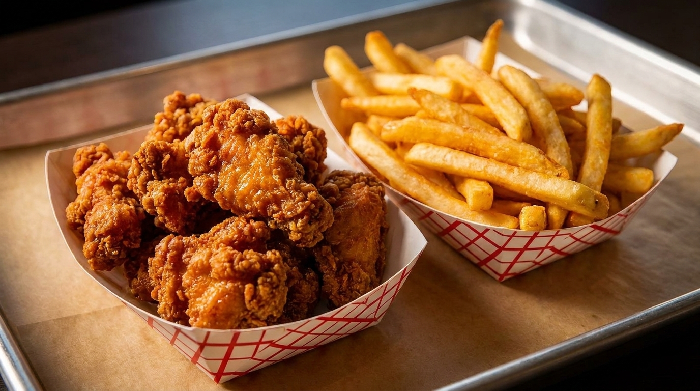 Crispy fried chicken pieces and golden french fries in paper trays on a metal tray.