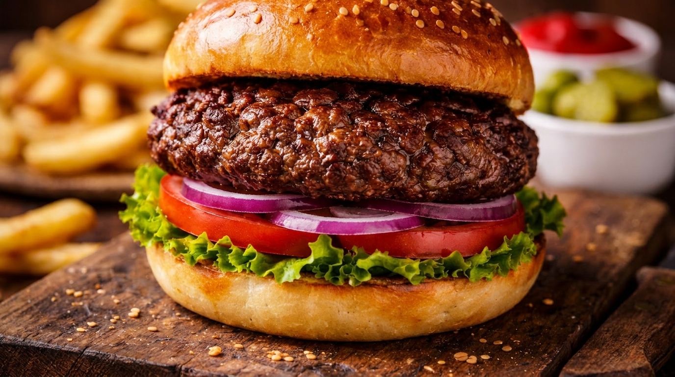 A juicy burger with lettuce, tomato, and onion, served with fries and condiments.