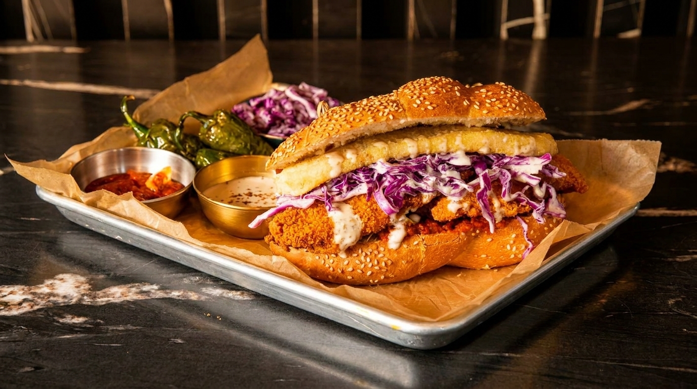 Crispy chicken sandwich with red cabbage slaw, sauces, and peppers on a metal tray.
