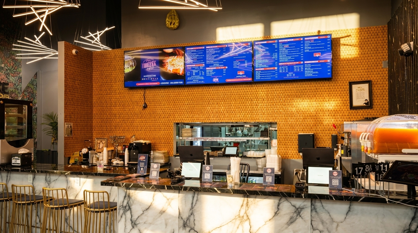 Modern restaurant interior with a marble counter, gold bar stools, digital menus, and an open kitchen.