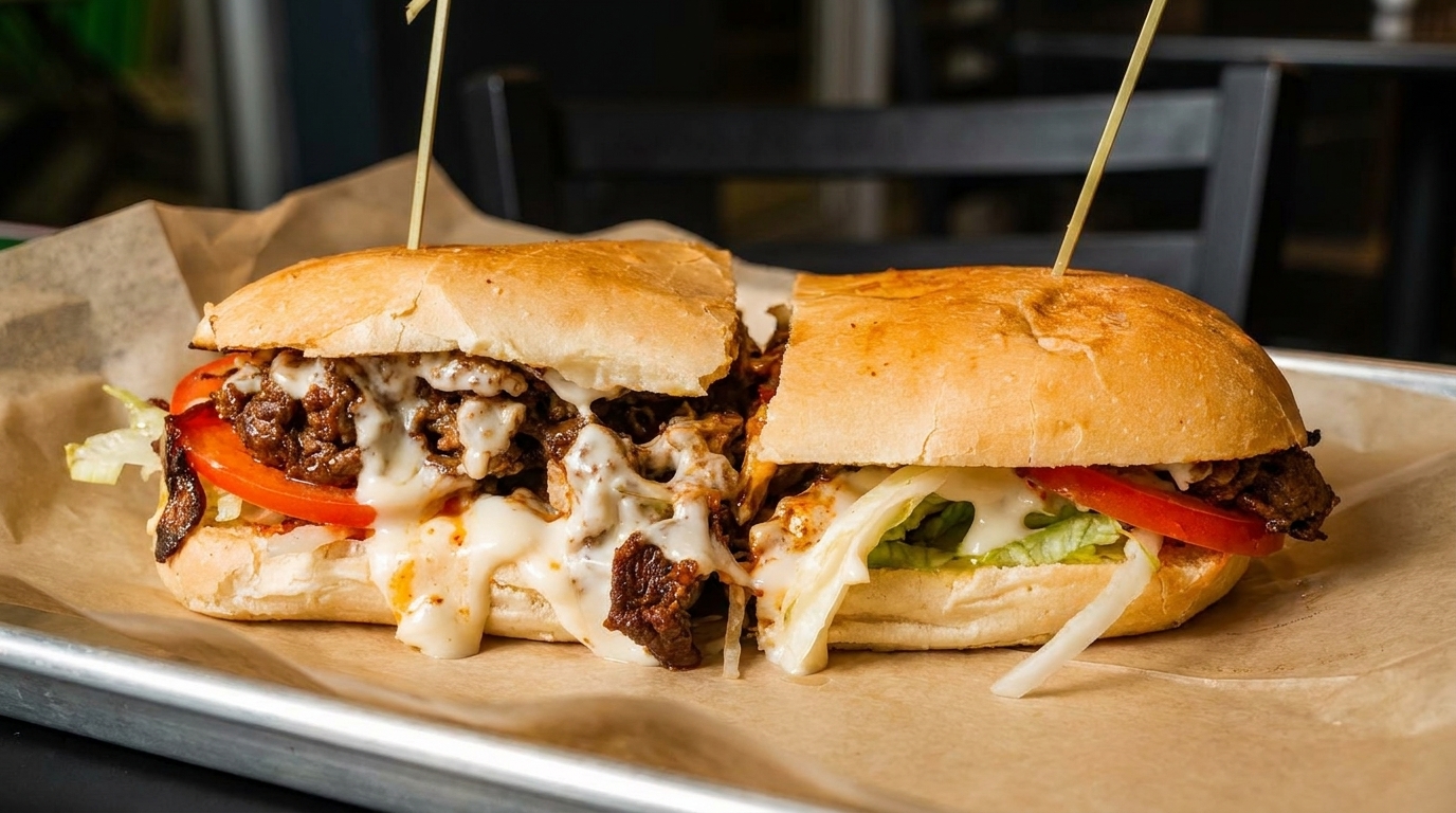 A large, cheesy steak sandwich cut in half, with lettuce and tomato, on a metal tray.