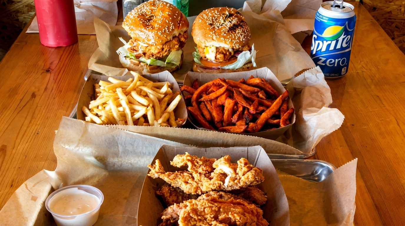 Two fried chicken sandwiches, fries, sweet potato fries, chicken tenders, and a Sprite Zero.