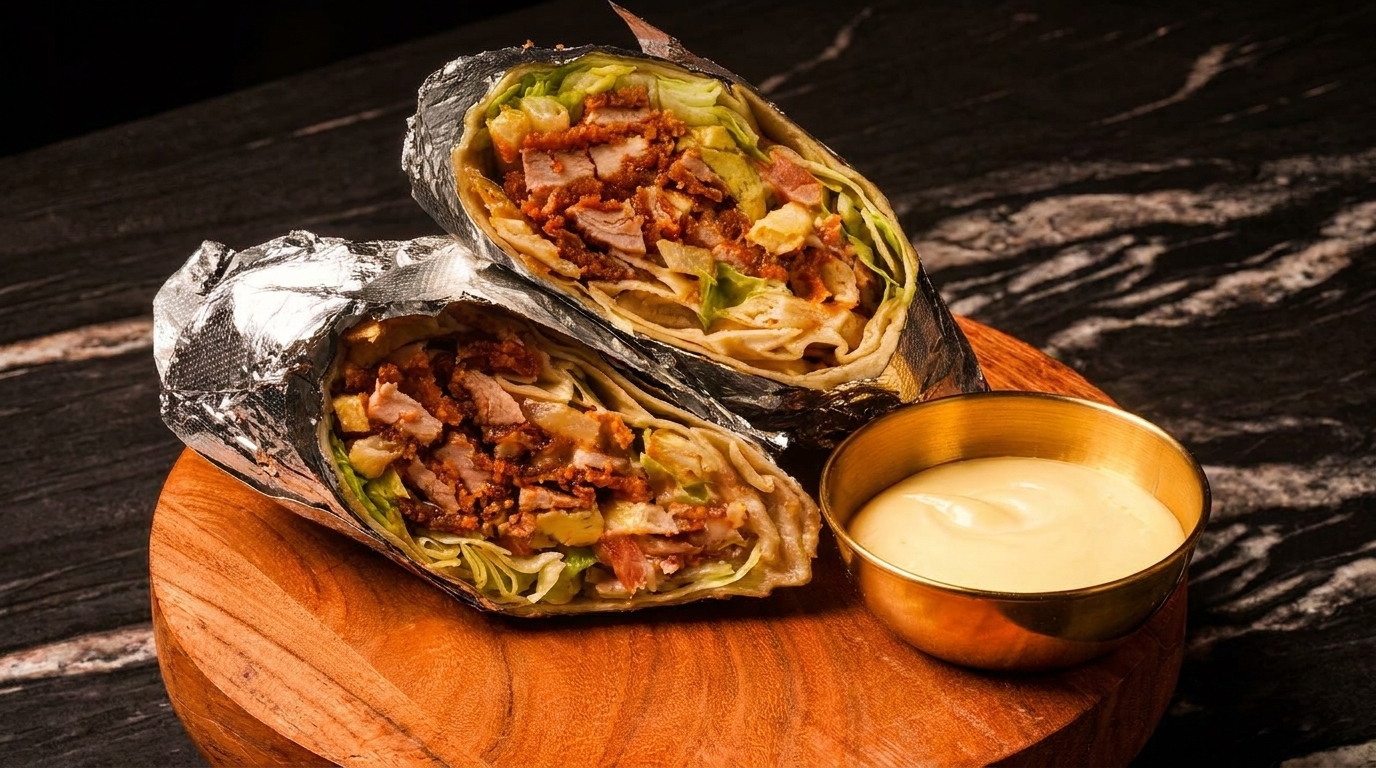 Two foil-wrapped chicken and lettuce wraps with a side of creamy sauce on a wooden board.