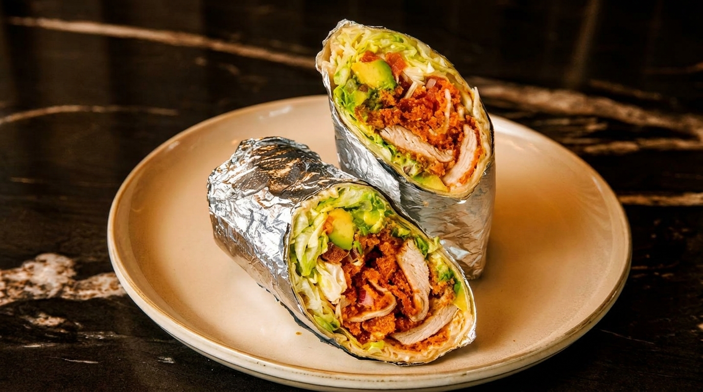 Two foil-wrapped burritos, cut in half, revealing chicken, chorizo, avocado, and lettuce on a plate.