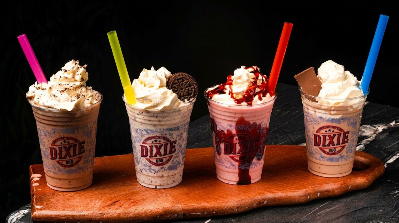 Four Dixie BBQ milkshakes with whipped cream, colorful straws, and various toppings on a wooden board.