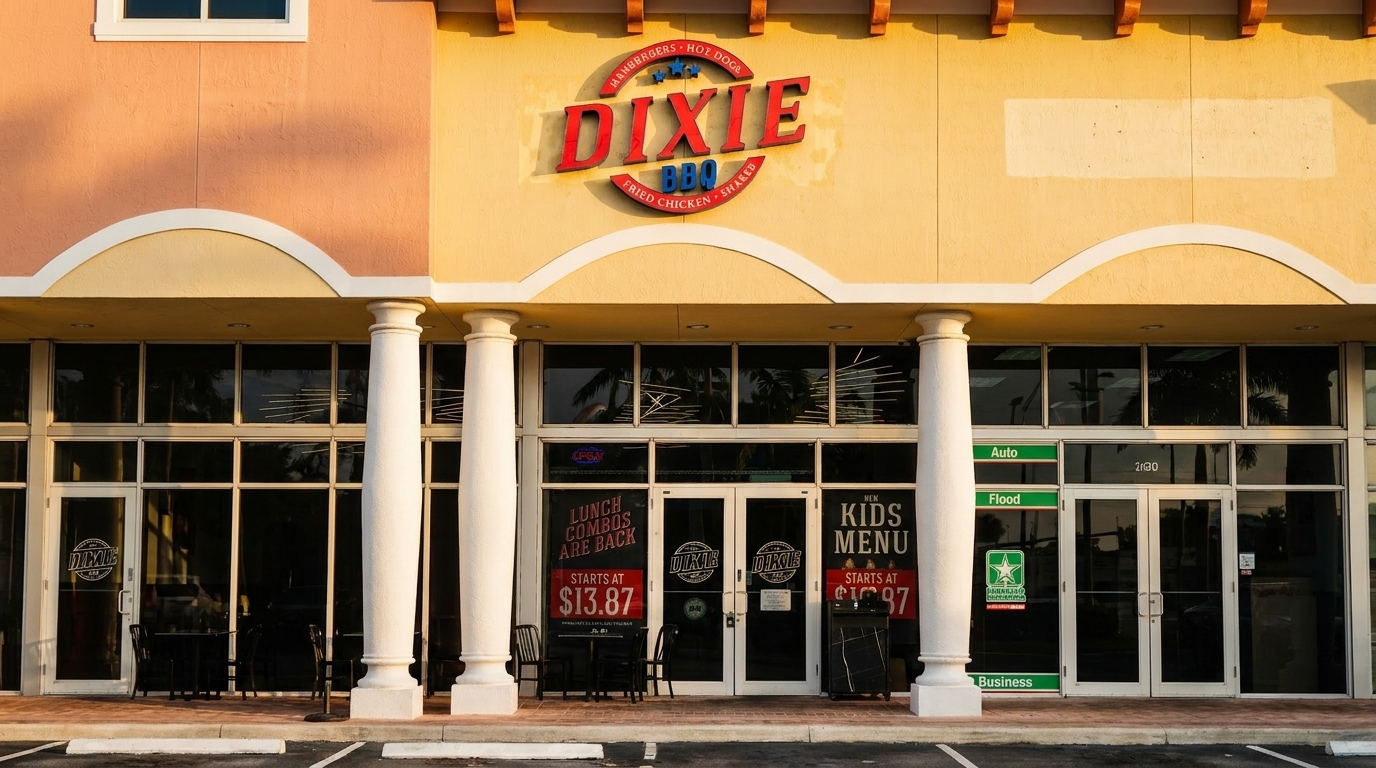 Exterior of Dixie BBQ restaurant with a red and blue logo, large windows, and promotional signs.