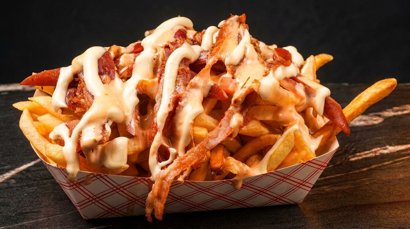 Crispy golden fries topped with melted cheese sauce and strips of bacon in a paper tray.