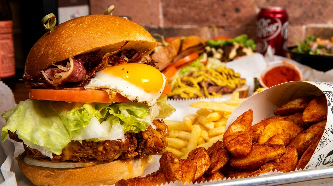 A fried chicken sandwich with bacon, egg, lettuce, and tomato, served with fries and potato wedges.
