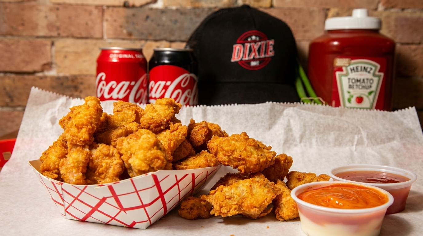 Golden fried chicken bites in a paper tray with dipping sauces, Coca-Cola cans, and a Dixie hat.