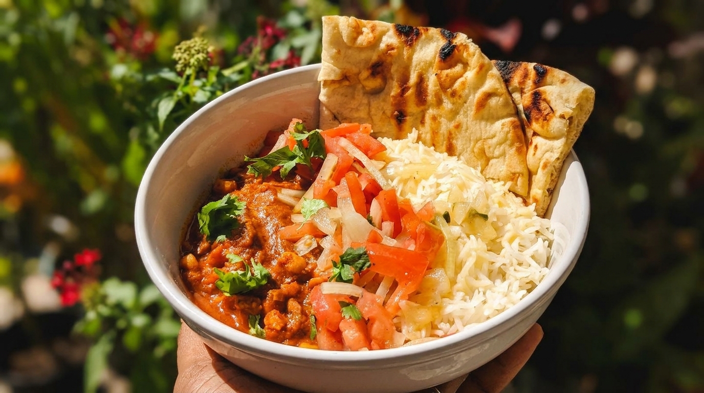 A bowl of curry with rice, tomato and onion salad, and naan bread, held outdoors.