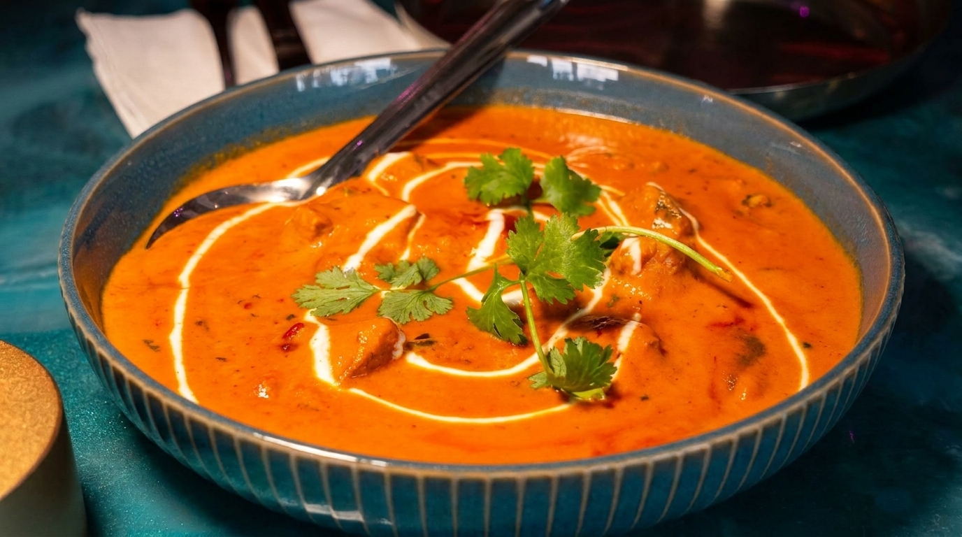 Close-up of a vibrant orange curry dish in a blue bowl, garnished with cream swirls and fresh cilantro.