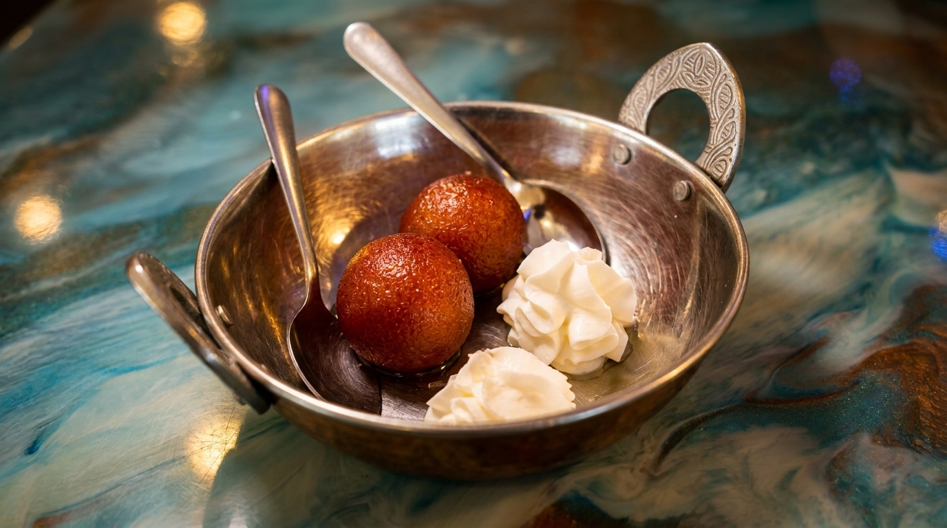 Two gulab jamun with whipped cream in a metal bowl with spoons on a blue and gold table.