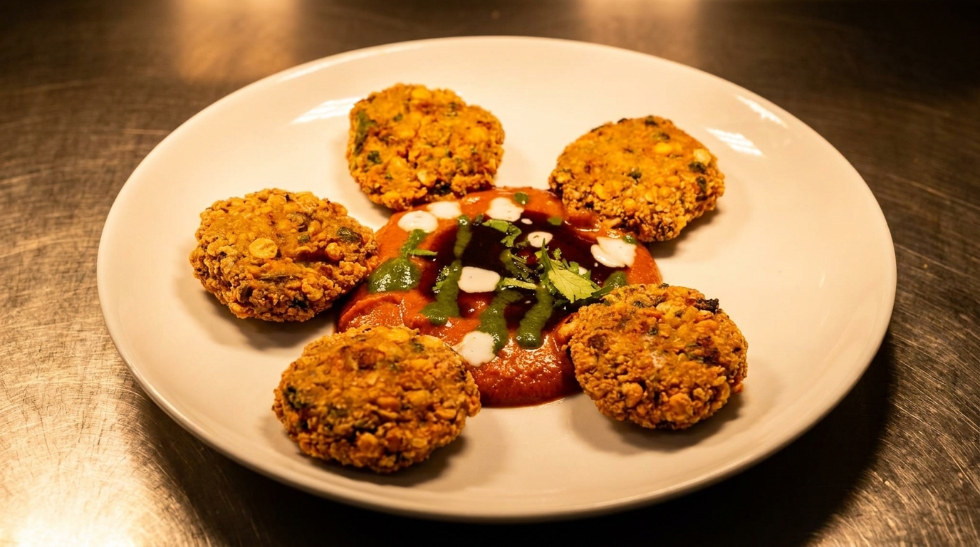 Five golden-brown falafel patties arranged around a dollop of red sauce, drizzled with green and white sauces.