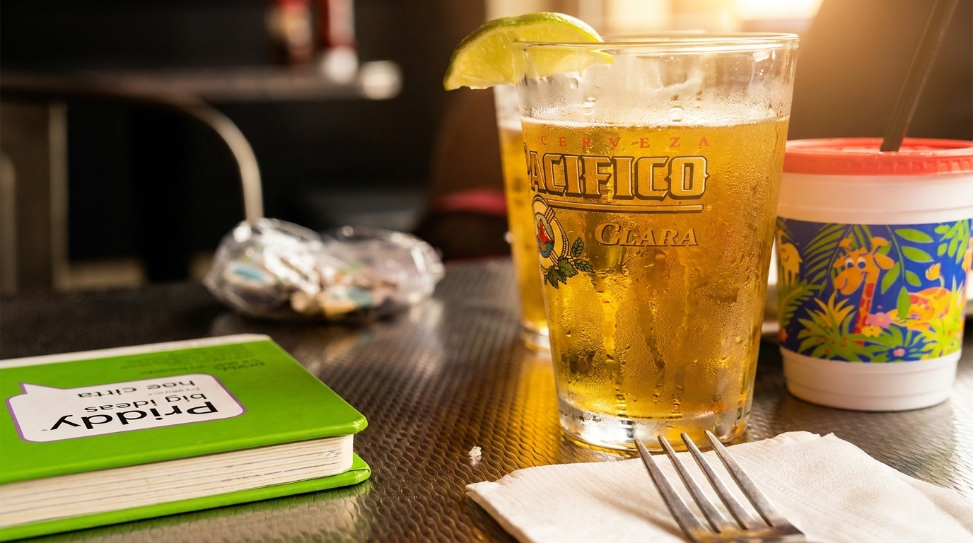 Two frosty Pacifico Clara beers with lime, a colorful children's cup, and a green notebook on a table.