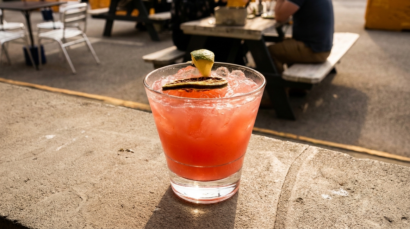 A vibrant pink cocktail with ice, garnished with lime, on a concrete ledge at an outdoor patio.