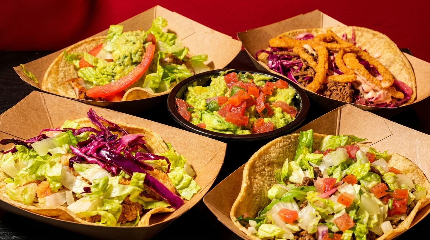 Four colorful tacos in paper trays surround a bowl of guacamole with diced tomatoes.