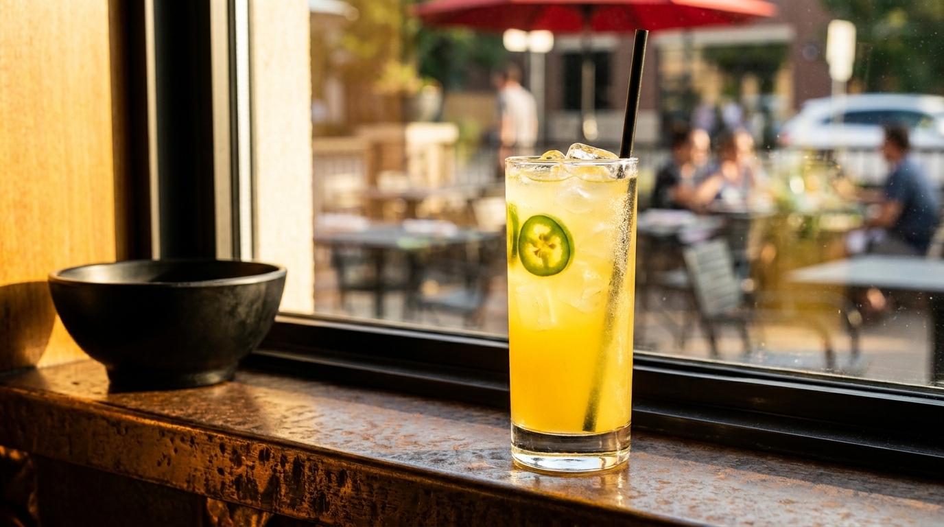 A tall glass of yellow drink with ice and jalapeño slices sits on a window sill.