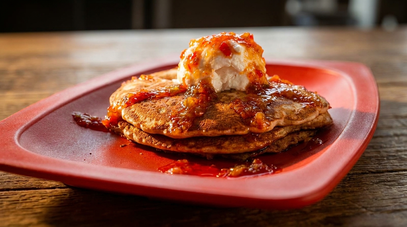 Stack of pancakes topped with a scoop of ice cream and fruit compote on a red plate.