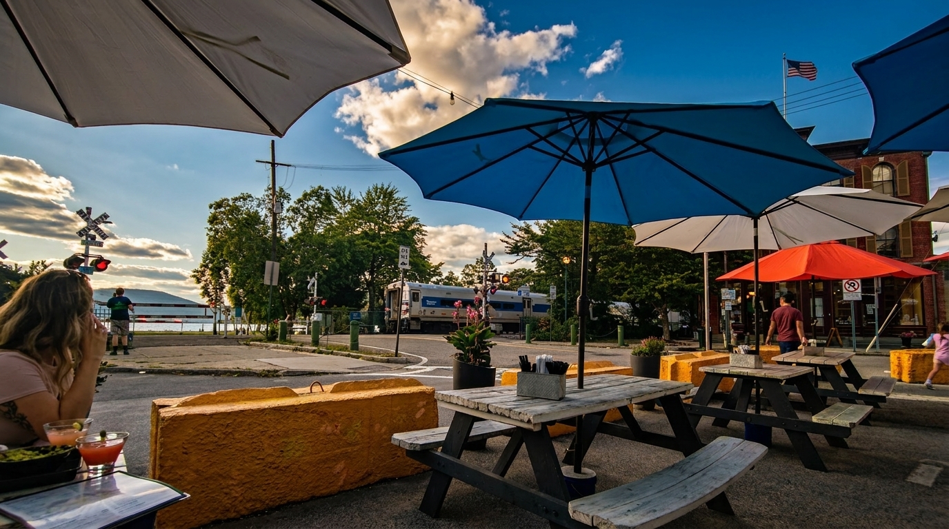 Outdoor patio with picnic tables and colorful umbrellas, overlooking a lake and passing train.